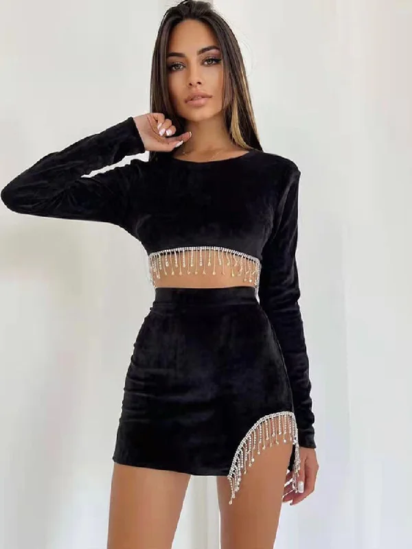Long Sleeve Backless Crop Top & Tassel Mini Skirt Knit Fabric Woven Fabric Fleece Fabric Long Sleeve Backless Crop Top & Tassel Mini Skirt Knit Fabric Woven Fabric Fleece Fabric