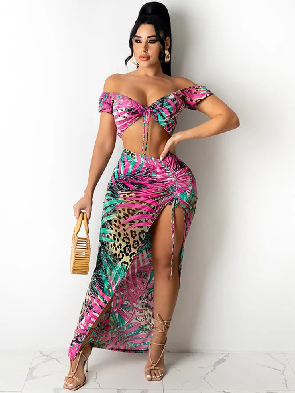 2 Piece Floral Off Shoulder Crop Top+Skirt Sets Front Pockets Side Pockets Patch Pockets