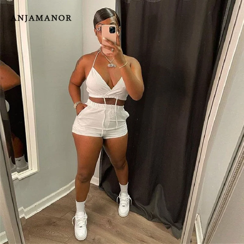 ANJAMANOR Sext Two Piece Set Bralette Crop Top and Shorts Sport Ladies Tracksuit Sets Casual Short Suits Loungewear D13-CC21 Houndstooth Herringbone Solid