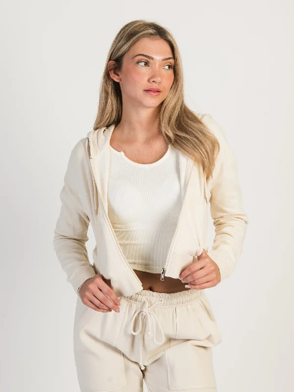 HARLOW JOSIE ZIP UP HOODIE - CREAM Hoodie with Slit Hem Functional Movement