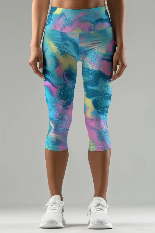 Smoothie Bowl Ellie Blue Print Performance Yoga Capri Leggings - Women Elegant Casual Fit Leggings Smoothie Bowl Ellie Blue Print Performance Yoga Capri Leggings - Women Elegant Casual Fit Leggings