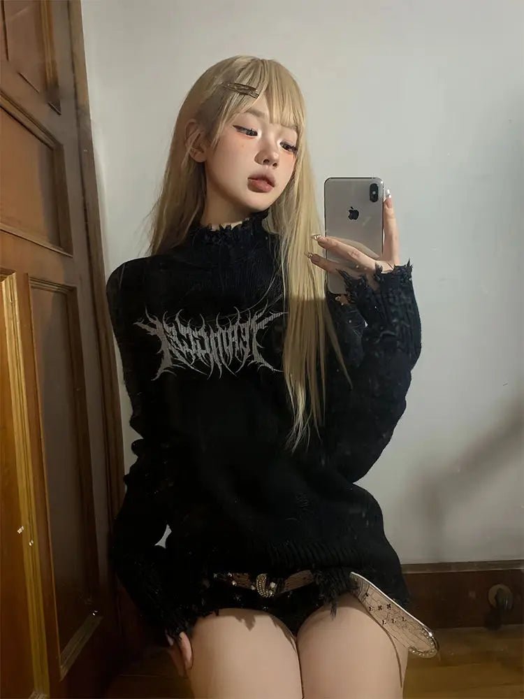 Y2k Punk Print Gothic Sweater - Black Harajuku Tassel Pullover Sarouel Sleeve Pullover