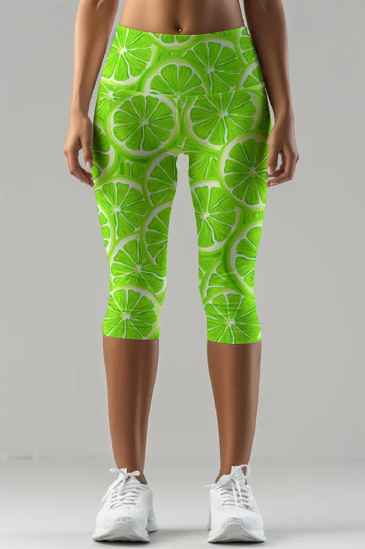Lime Avenue Ellie Green Lemon Printed Gym Yoga Capri Leggings - Women Elegant Velvet Leggings