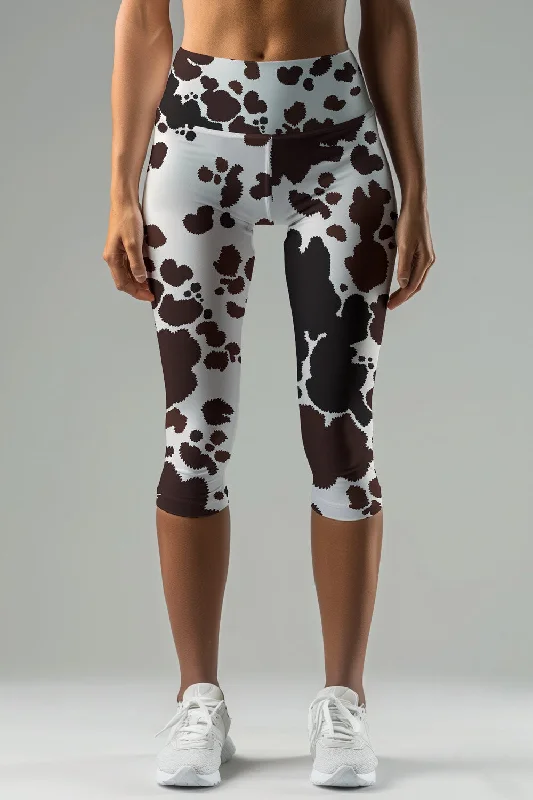 Cowgirl Ellie White Brown Cow Animal Print Yoga Capri Leggings - Women Trendy Cold Weather Tights Cowgirl Ellie White Brown Cow Animal Print Yoga Capri Leggings - Women Trendy Cold Weather Tights