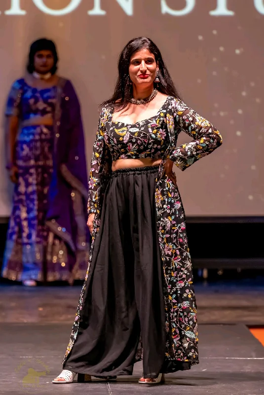Black Multicolor Embroidered Shrug with Crop Top and Palazzo Rayon Fabric Velvet Fabric Corduroy Fabric Black Multicolor Embroidered Shrug with Crop Top and Palazzo Rayon Fabric Velvet Fabric Corduroy Fabric