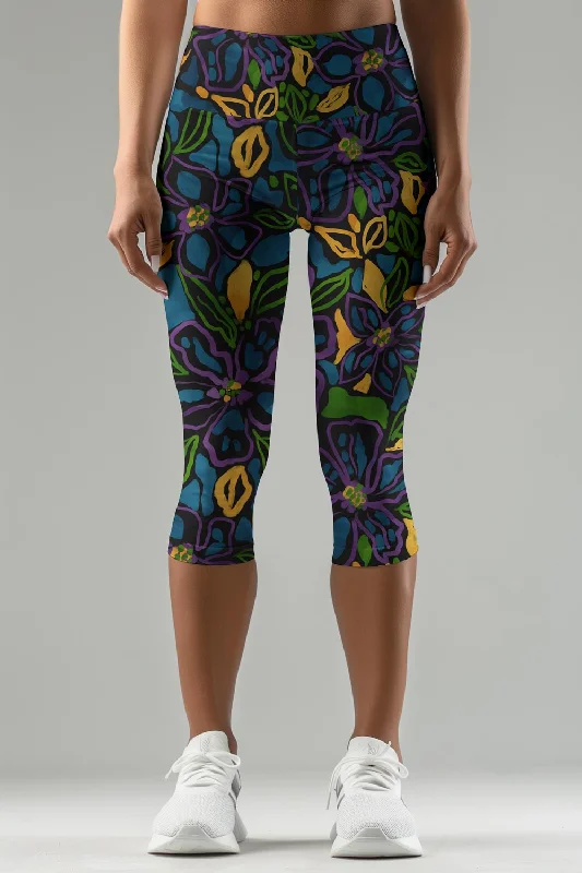 Mauritius Ellie Blue Floral Print Athletic Yoga Capri Leggings - Women Elegant Full-Body Leggings