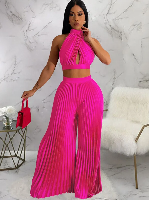 Two Piece Halter Crop Top Wide Leg Pants Polka Dot Checkered Tartan