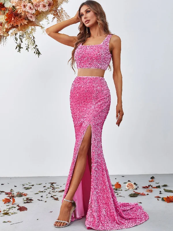 Stylish Sequin Sleeveless Crop Top & Sequin Slit Skirt Two Piece Set Zippered Buttoned Snapped Stylish Sequin Sleeveless Crop Top & Sequin Slit Skirt Two Piece Set Zippered Buttoned Snapped