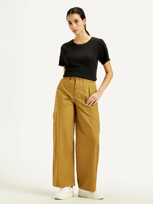 Women's Mid Rise Mustard Straight Fit Trousers Chinos Cotton Straight Leg