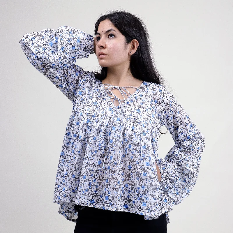 Hand Block Floral Printed V Neck Crop Top For Girls Collared Crew Neck Turtle Neck