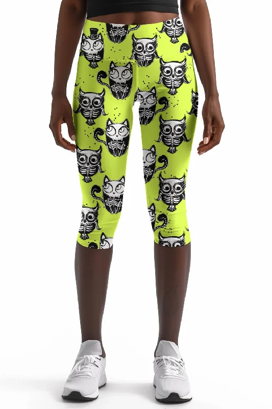 Voodoo Ellie Yellow Skeleton Print Workout Yoga Capri Leggings - Women Comfortable Cold Weather Leggings Voodoo Ellie Yellow Skeleton Print Workout Yoga Capri Leggings - Women Comfortable Cold Weather Leggings