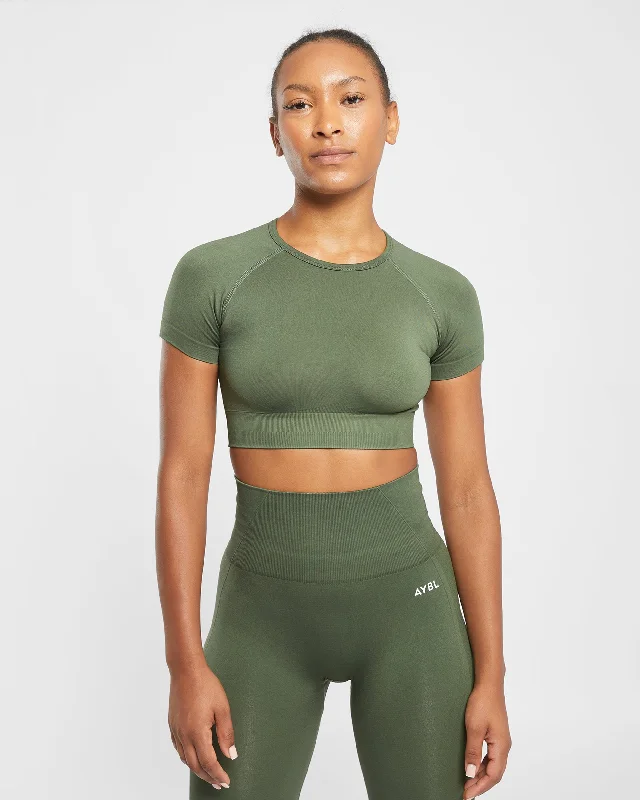 Empower Seamless Crop Top - Khaki Green Solid Color Striped Floral