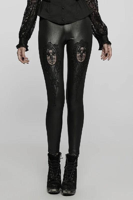 Black Floral Hollow Slim Faux Leather Women's Gothic Leggings Cozy Fashion Leggings