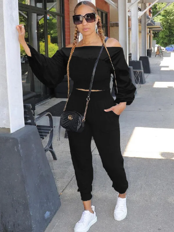 Two Piece Off Shoulder Crop Top & Long Pants Sets Beaded Sequined Faux Fur