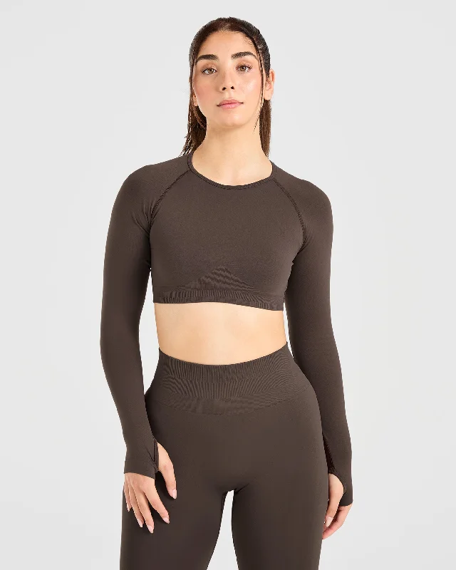 Power Seamless Long Sleeve Crop Top - Chestnut Brown Wool Fabric Cashmere Fabric Tweed Fabric Power Seamless Long Sleeve Crop Top - Chestnut Brown Wool Fabric Cashmere Fabric Tweed Fabric