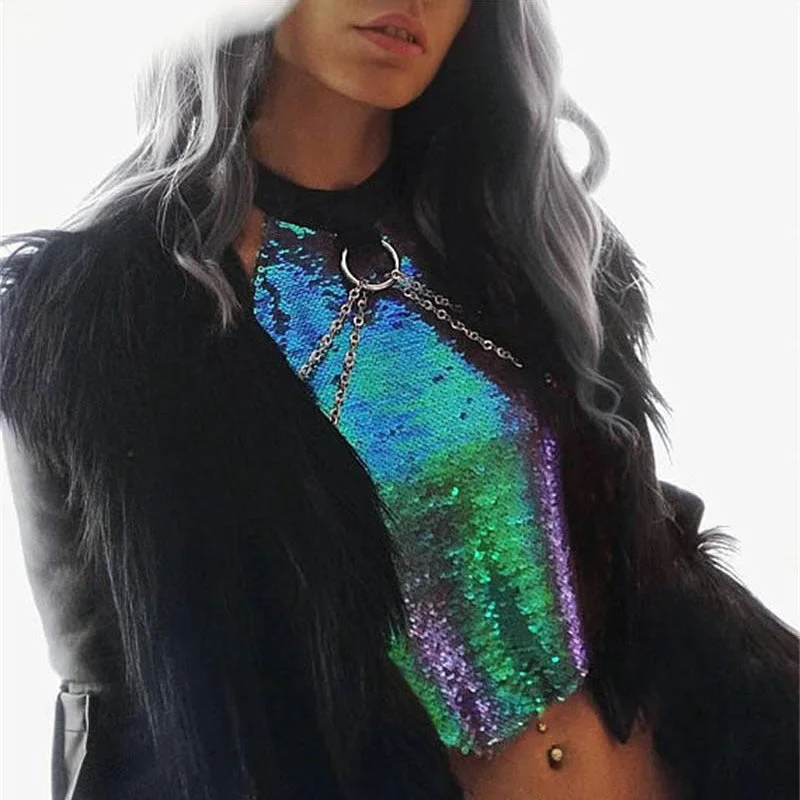Sequined Backless Crop Top Rayon Velvet Corduroy