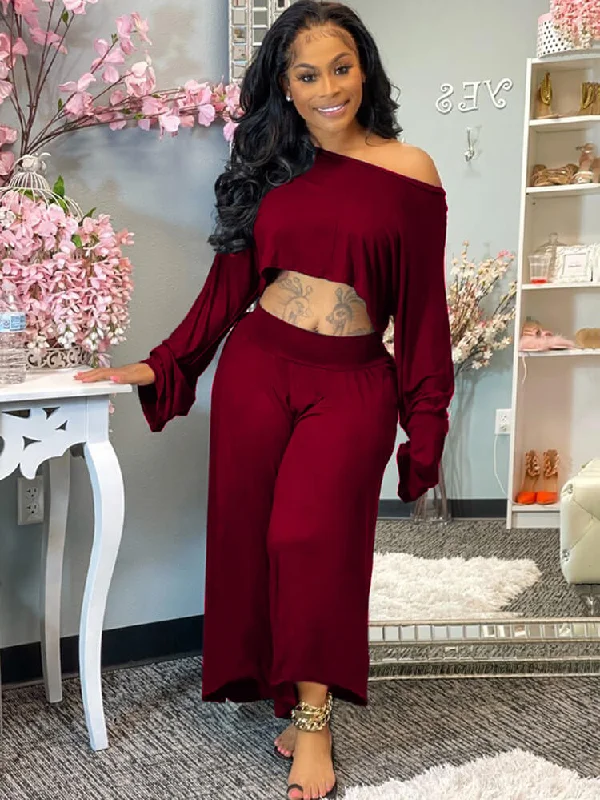 Two Piece One Shoulder Long Sleeve Crop Top Wide Leg Pants Fashionable Trendy Casual Two Piece One Shoulder Long Sleeve Crop Top Wide Leg Pants Fashionable Trendy Casual