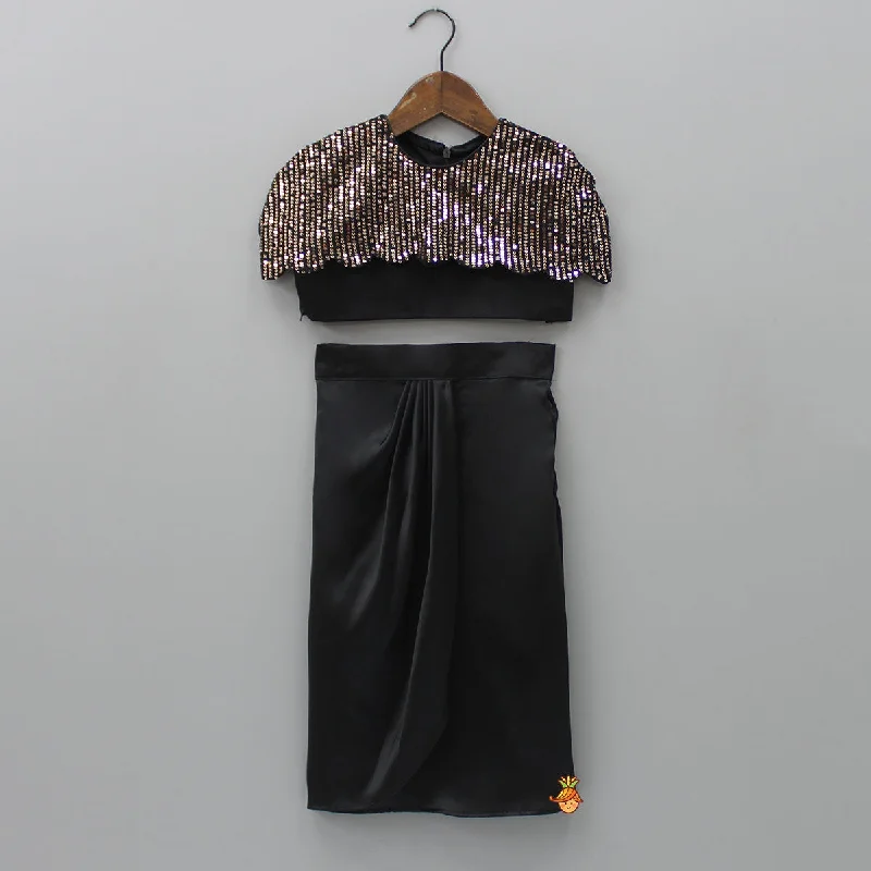Pre Order: Black Crop Top With Sequined Scalloped Cape And Dhoti Style Skirt Embroidered Appliqued Beaded Pre Order: Black Crop Top With Sequined Scalloped Cape And Dhoti Style Skirt Embroidered Appliqued Beaded