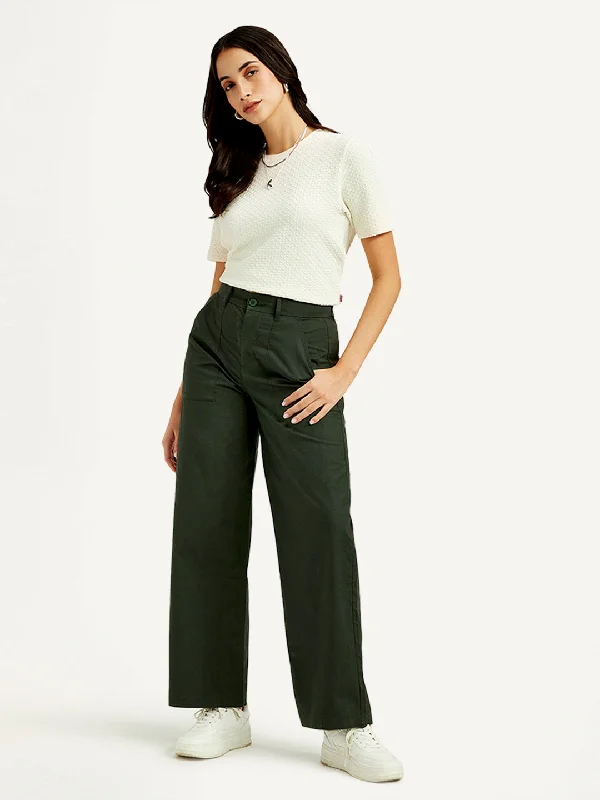 Women's High Rise Olive Straight Fit Trousers Wide Leg Loose Fit Mid Waist