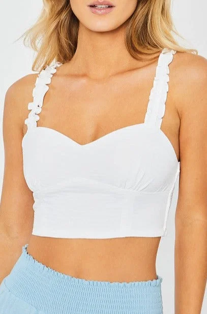 Ruffle Shoulder Crop Top Mesh Fabric Canvas Fabric Denim Fabric