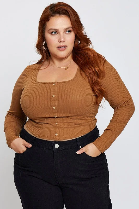 Brown Long Sleeve Button Front Pullover Alpaca Blend Soft