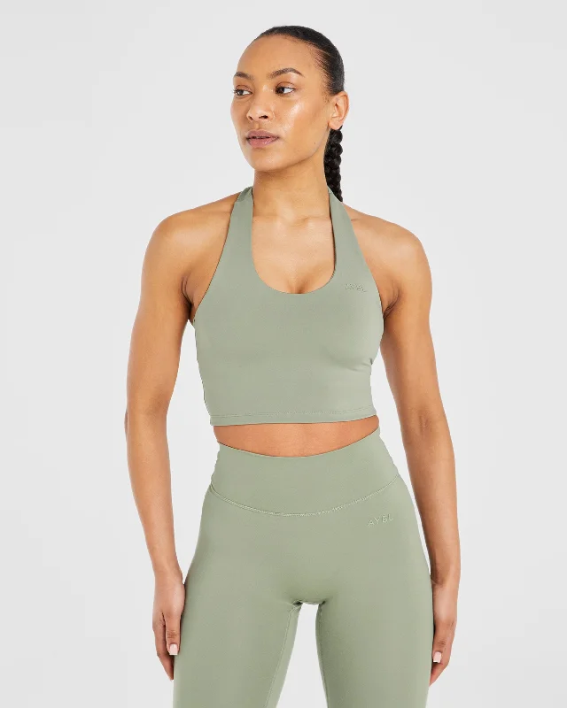 Staple Halterneck Crop Top - Olive Green Silk Blend Satin Velvet