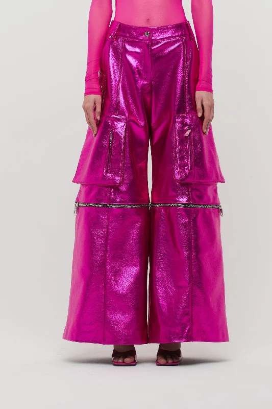 LaQuan Smith Wide Leg Utility Trouser with Zipper Detail Trousers Satin Smooth