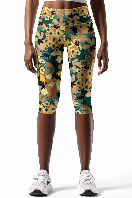Admiration Ellie Brown Floral Leaf Printed Yoga Capri Leggings - Women Trendy Black Mesh Leggings