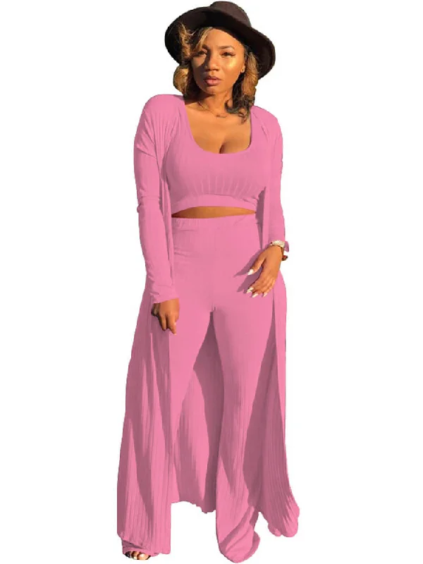 Three Pieces Set Crop Top+Long Kimono Cardigan+Pants Mesh Canvas Denim