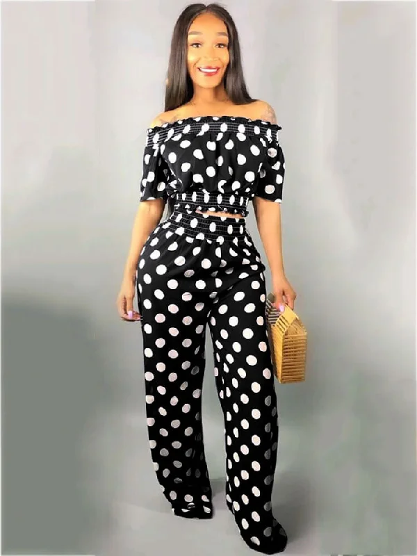2 Pieces Polka Dot Off Shoulder Crop Top Pants Suits Zippered Buttoned Snapped