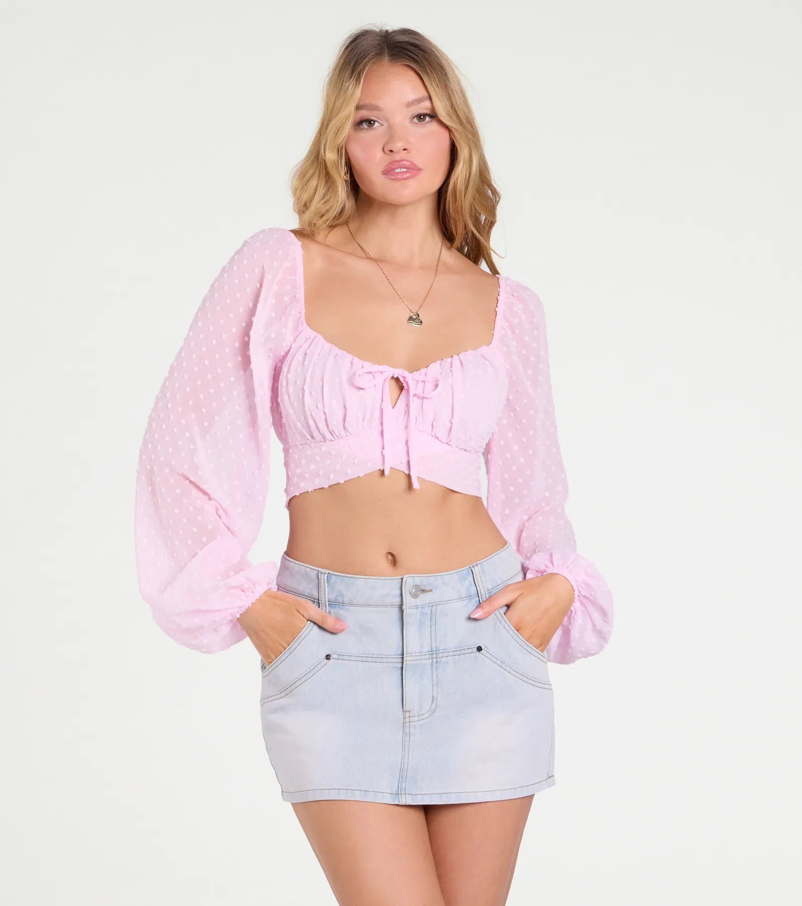 Favorite Babe Tie-Back Polka Dot Crop Top Ribbed Crop Top High Neck Heavyweight