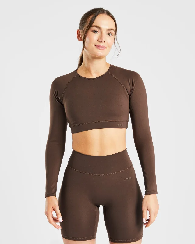 Staple Long Sleeve Crop Top - Brown Denim Fabric Leather Fabric Suede Fabric