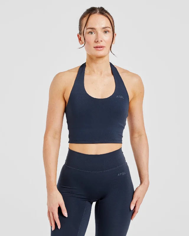 Staple Halterneck Crop Top -  Navy Polka Dot Checkered Tartan