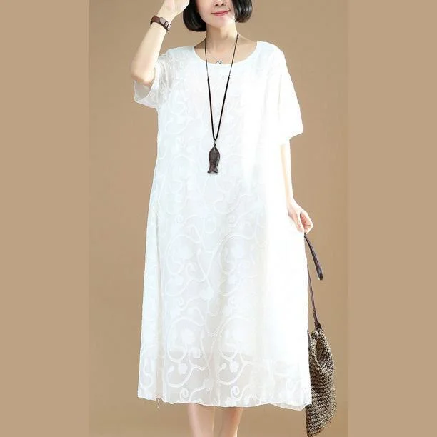 2018white Midi cotton dresses Loose fitting cotton cotton dress casual jacquard o neck cotton dress Stylish Button-Up Midi Dress