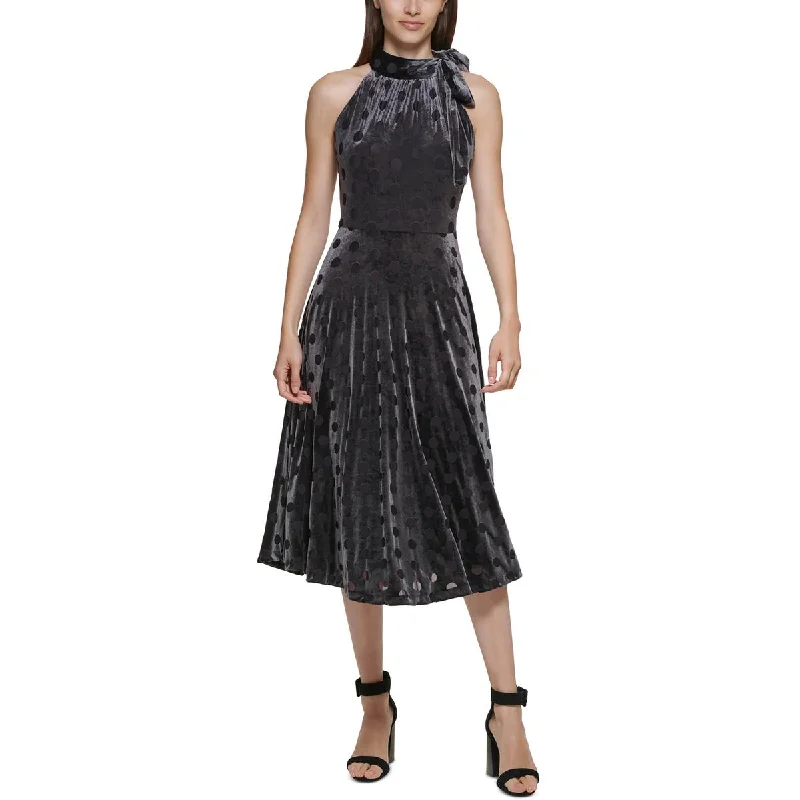 Calvin Klein Womens Velvet Midi Halter Dress Trendy Smocked Waist Midi Dress