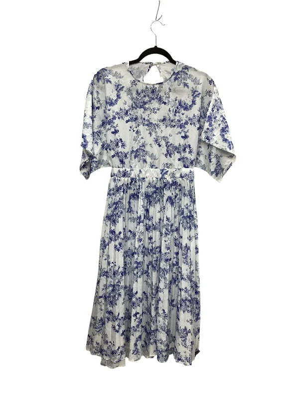 Dress Casual Midi By Pretty Little Thing In Blue & White, Size: M Elegant Floral Midi Dress Dress Casual Midi By Pretty Little Thing In Blue & White, Size: M Elegant Floral Midi Dress