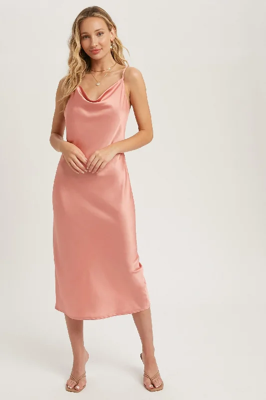 Rose Satin Cowl Neck Midi Slip Dress Trendy Smocked Detail Midi Dress