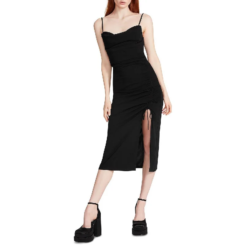 Steve Madden Womens Mica Ruched Midi Slip Dress Stylish Halter Neck Midi Dress