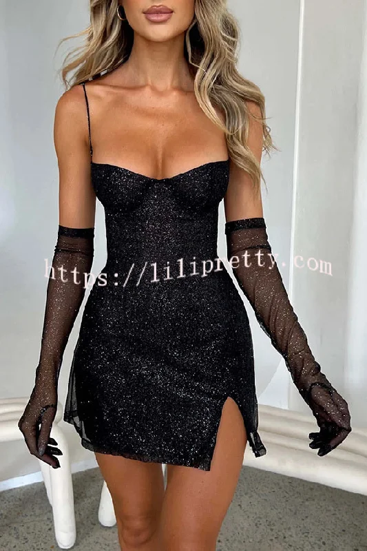 Glow At Night Glitter Fabric Slip Slit Mini Dress with Mesh Gloves Classic Solid Mini Dress Glow At Night Glitter Fabric Slip Slit Mini Dress with Mesh Gloves Classic Solid Mini Dress