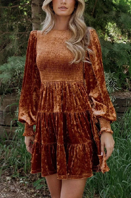 Solid Velvet Long Sleeve Crew Neck Smocked Ruffle Mini Dress Elegant Floral-Print Mini Dress Solid Velvet Long Sleeve Crew Neck Smocked Ruffle Mini Dress Elegant Floral-Print Mini Dress