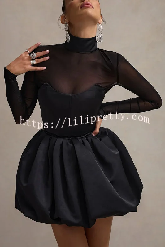 Elegant Mesh High Neck Long Sleeve Puff Hem Slim Sexy Mini Dress Cozy Ribbed Mini Dress Elegant Mesh High Neck Long Sleeve Puff Hem Slim Sexy Mini Dress Cozy Ribbed Mini Dress