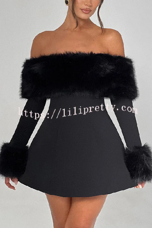 Cute and Luxe Faux Fur Trim Off Shoulder Bubble Shaped Mini Dress Fashionable Pleated Mini Dress Cute and Luxe Faux Fur Trim Off Shoulder Bubble Shaped Mini Dress Fashionable Pleated Mini Dress
