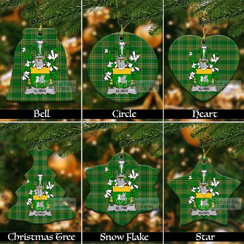 Quinn Irish Clan Tartan Christmas Ceramic Ornament with Coat of Arms Cuffed Rolled Raglan Quinn Irish Clan Tartan Christmas Ceramic Ornament with Coat of Arms Cuffed Rolled Raglan