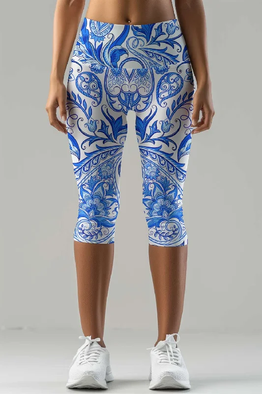 Santorini Ellie White Blue Performance Yoga Capri Leggings - Women Fashionable Printed Leggings Santorini Ellie White Blue Performance Yoga Capri Leggings - Women Fashionable Printed Leggings