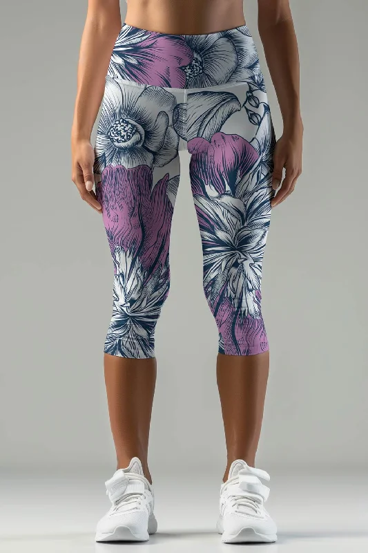 Dream Catcher Ellie White Purple Floral Yoga Capri Leggings - Women Casual Sporty Leggings Dream Catcher Ellie White Purple Floral Yoga Capri Leggings - Women Casual Sporty Leggings